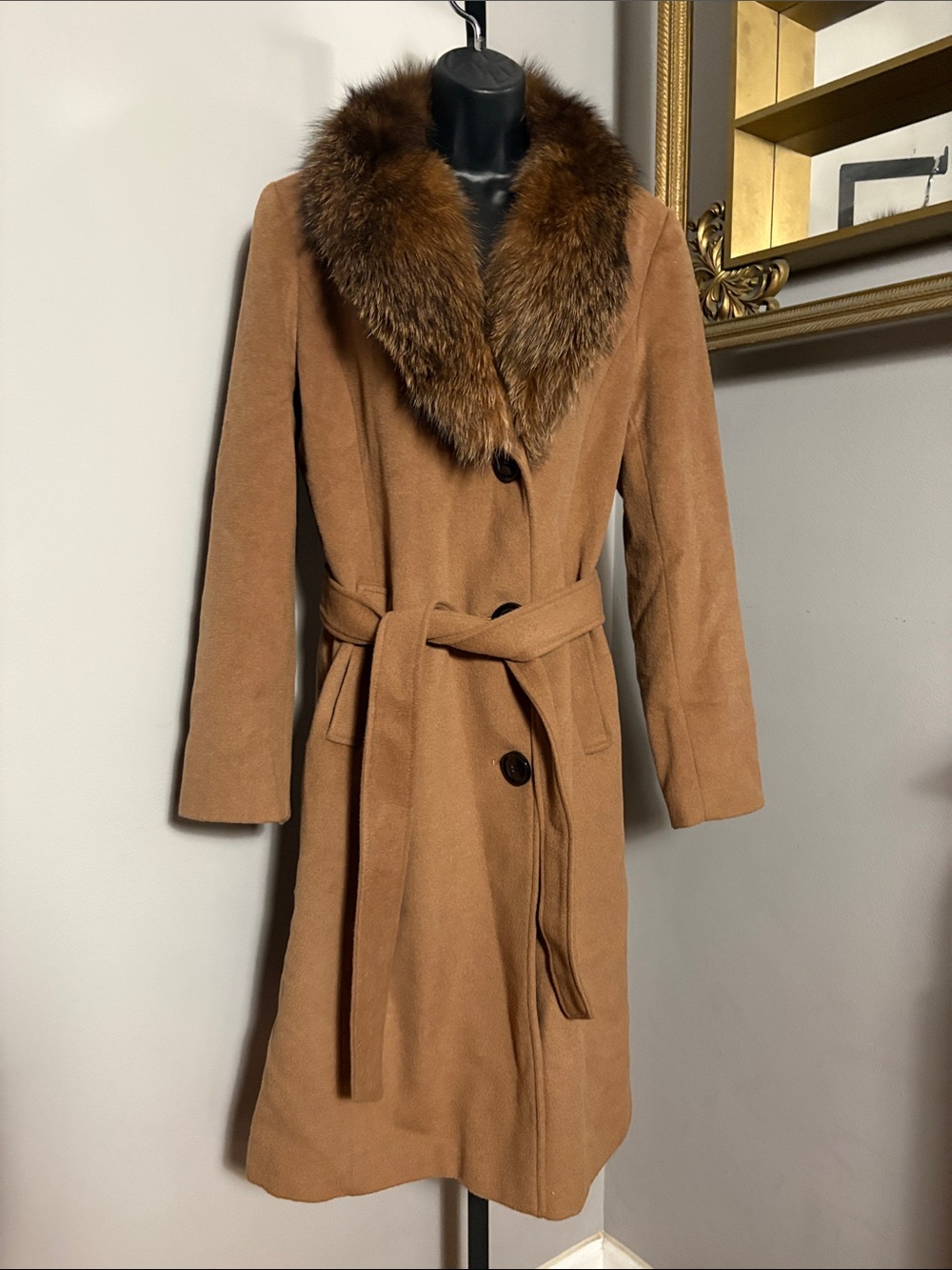 Ellen Tracy Size 6 Brown Wool Blend Belted Pea Coat Fox Fur Collar